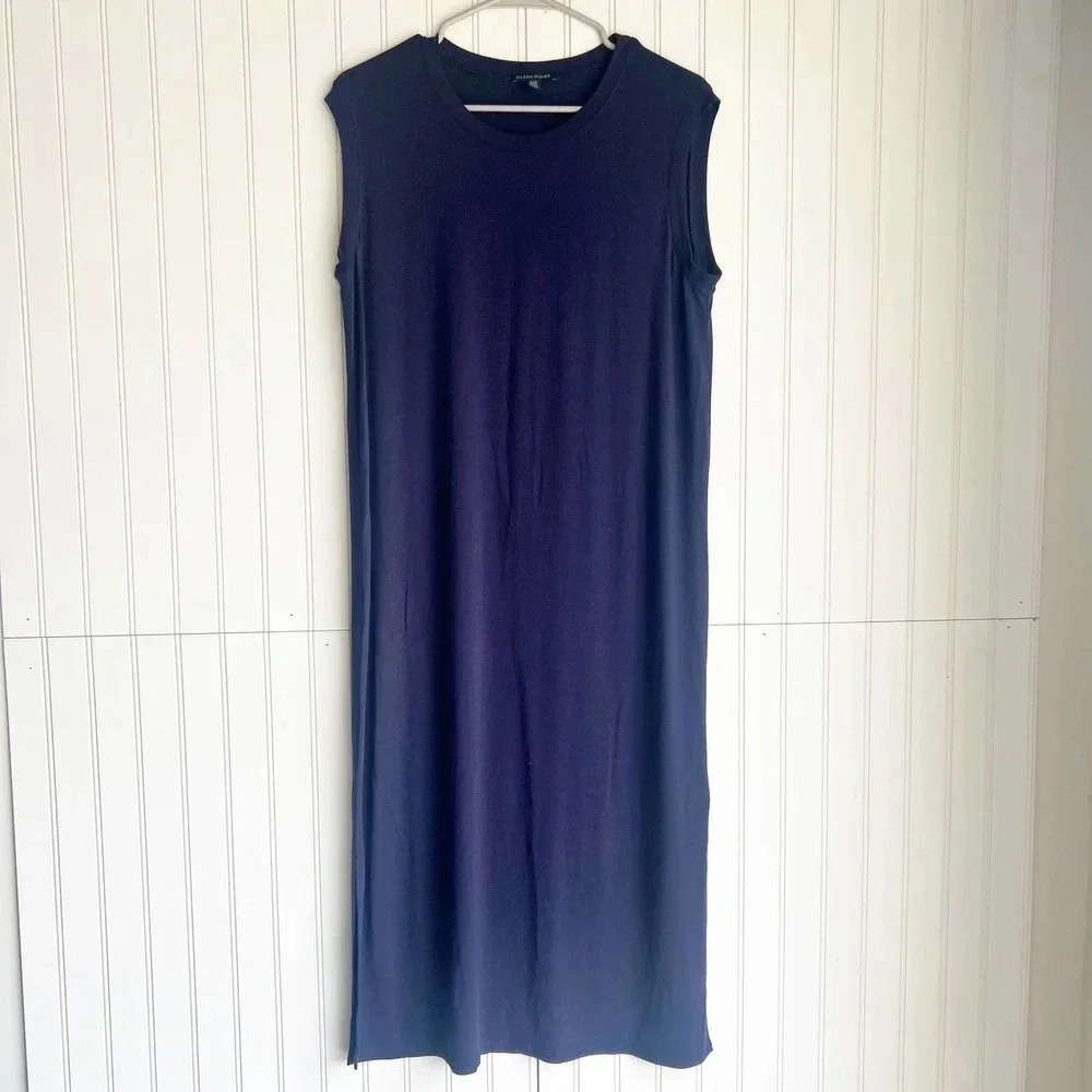 Eileen Fisher Size S Viscose Jersey Crew Neck Dress In Navy Blue - Picture 5 of 9